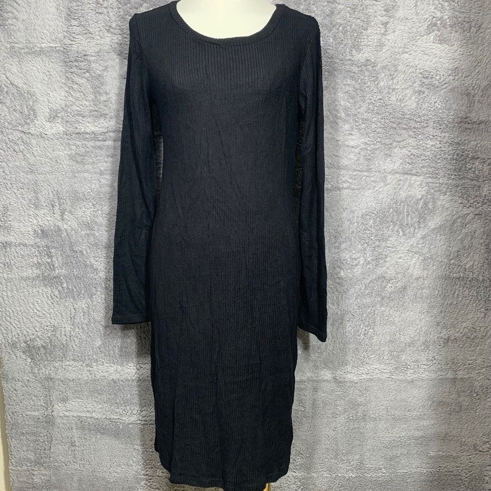 Hello Miz Ribbed Knit Dress Womens Small Black Long‎ Sleeve Bodycon Midi New